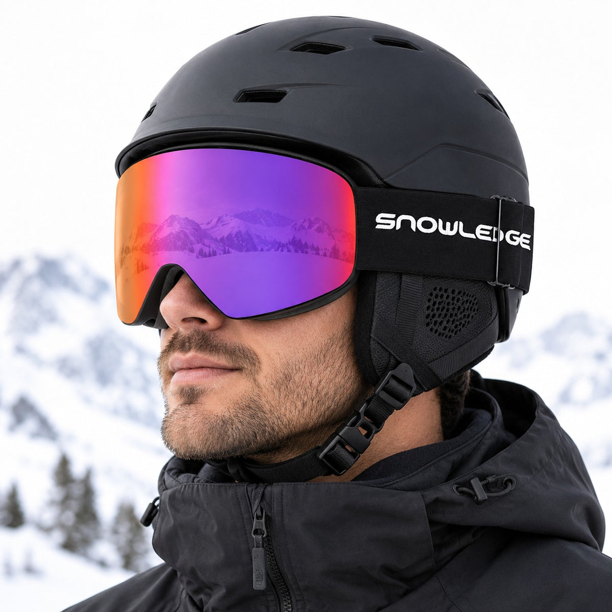 HB-197A | Snow Goggles | Cylindrical Lens, UV400 Protection | Skiing and Snowboarding-Purple lens/ Black frame / Black strap-Snowledge