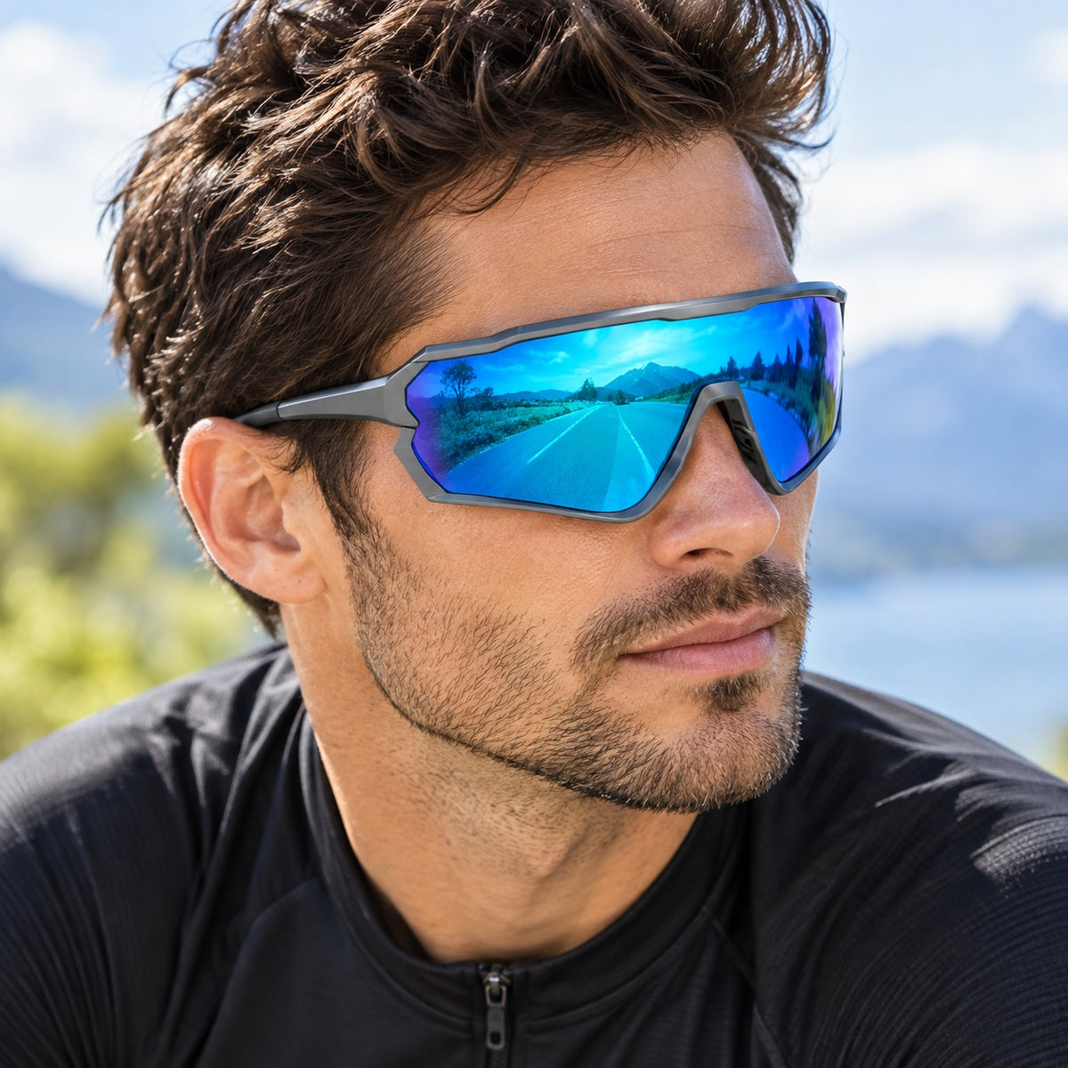 HB-510 | Sports Sunglasses | Cylindrical Lens, Adjustable Nose Guard | Sports Use-Blue lens / Gray frame-Snowledge