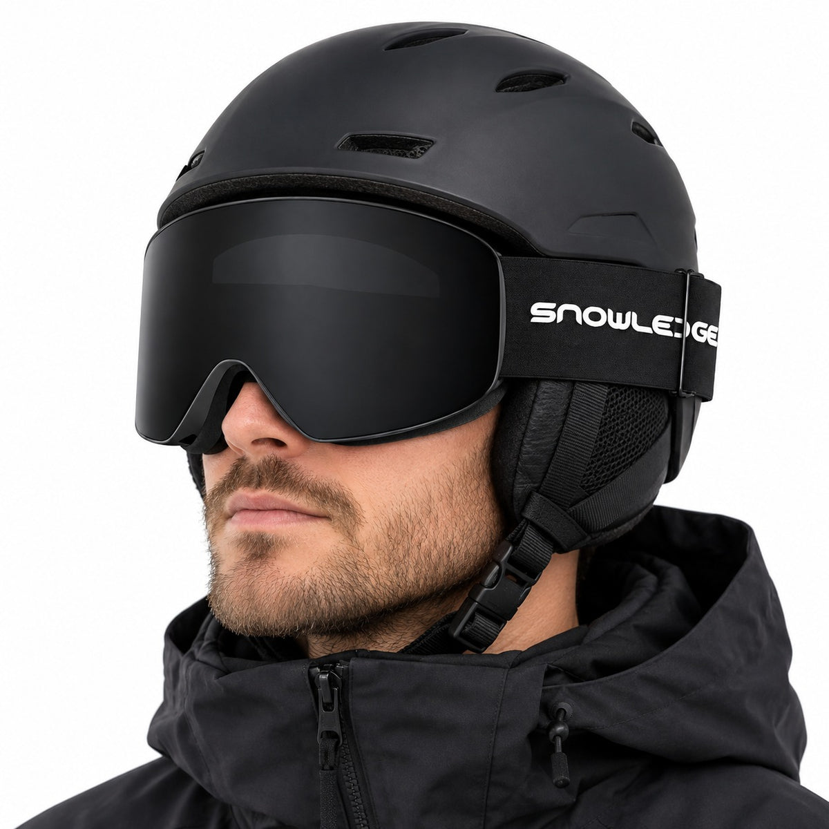HB-197A | Snow Goggles | Cylindrical Lens, UV400 Protection | Skiing and Snowboarding-Black lens / Black frame / Black strap-Snowledge