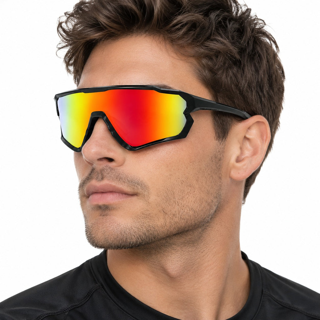 HB-510 | Sports Sunglasses | Cylindrical Lens, Adjustable Nose Guard | Sports Use-Rainbow-Black-Snowledge