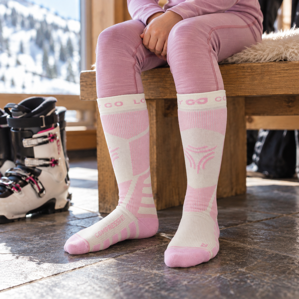 DRWZ07 | Kids Wool Blend Ski Socks | Zoned Cushioning and Seamless Knit-Foam Pink-Snowledge