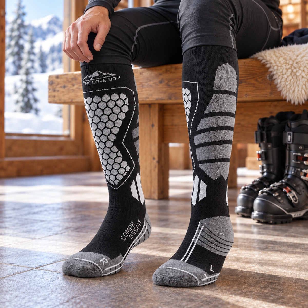 DWZ04 | Long Wool Blend Ski Socks | Calf Support and Smooth Toe Seam-Black Gray-Snowledge