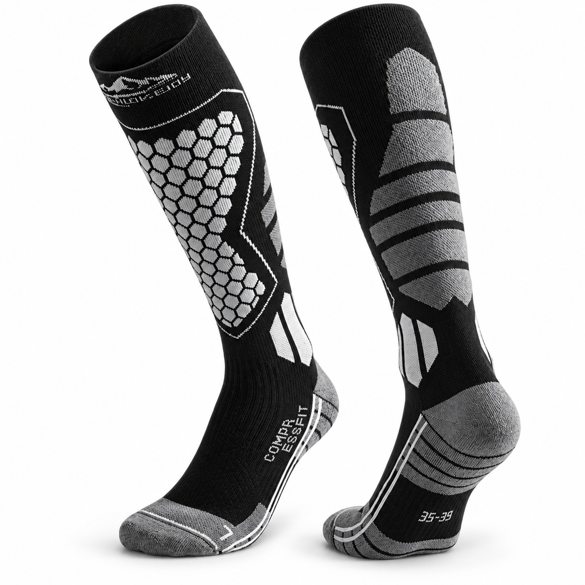 DWZ04 | Long Wool Blend Ski Socks | Calf Support and Smooth Toe Seam-Black Gray-Snowledge