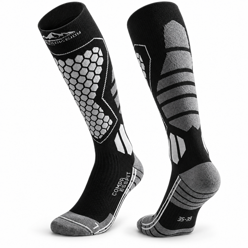 DWZ04 | Long Wool Blend Ski Socks | Calf Support and Smooth Toe Seam-Black Gray-Snowledge