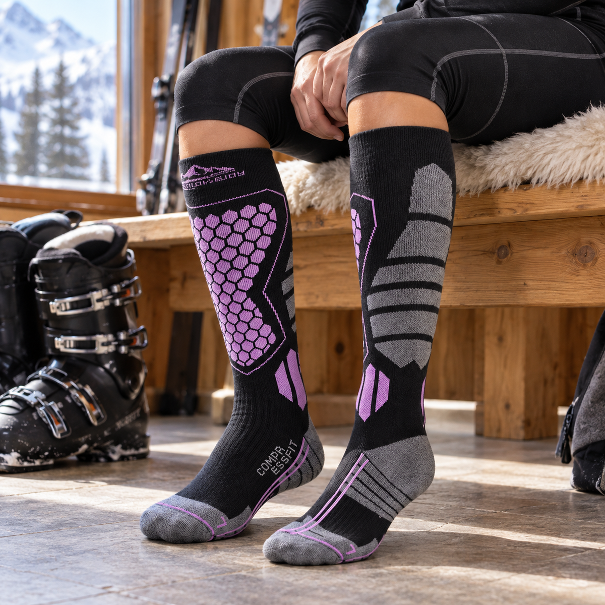 DWZ04 | Long Wool Blend Ski Socks | Calf Support and Smooth Toe Seam-Black Purple-Snowledge