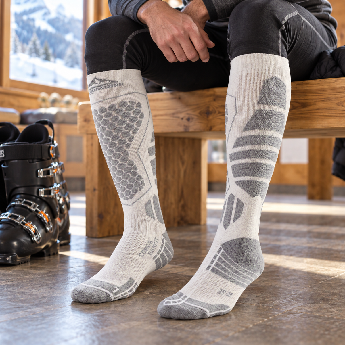 DWZ04 | Long Wool Blend Ski Socks | Calf Support and Smooth Toe Seam-White Gray-Snowledge