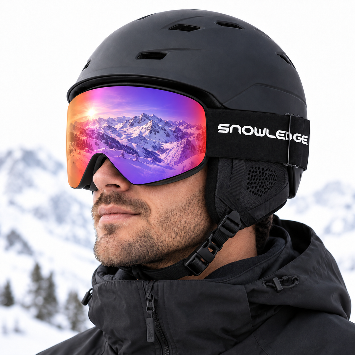 HB-197A | Snow Goggles | Cylindrical Lens, UV400 Protection | Skiing and Snowboarding-Purple Lens / Black Frame / Black Strap-Snowledge