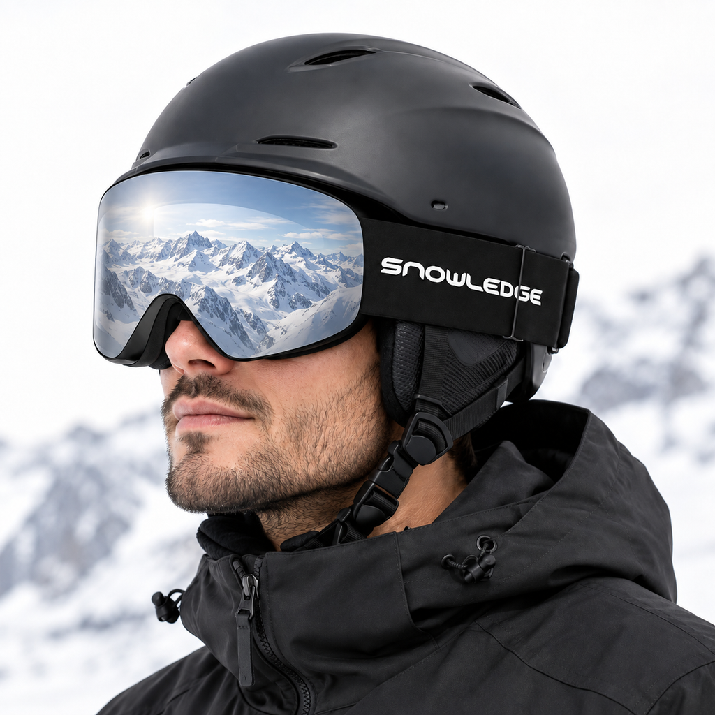 HB-197A | Snow Goggles | Cylindrical Lens, UV400 Protection | Skiing and Snowboarding-Silver Lens / Black Frame / Black Strap-Snowledge