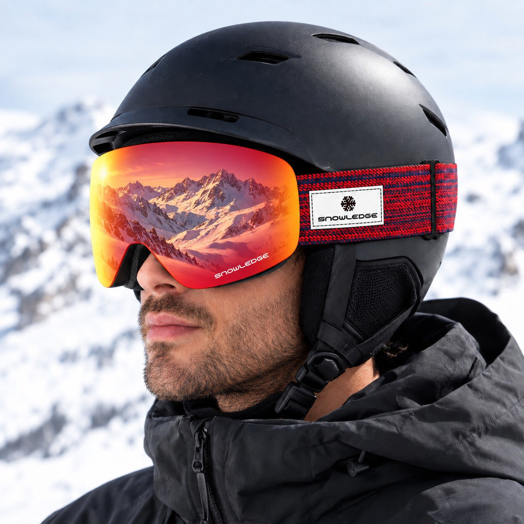 HB-197B | Ski Goggles | Magnetic Cylindrical Lens, Frameless Design | Skiing and Snowboarding-Red Lens / Black Frame / Red Strap-Snowledge