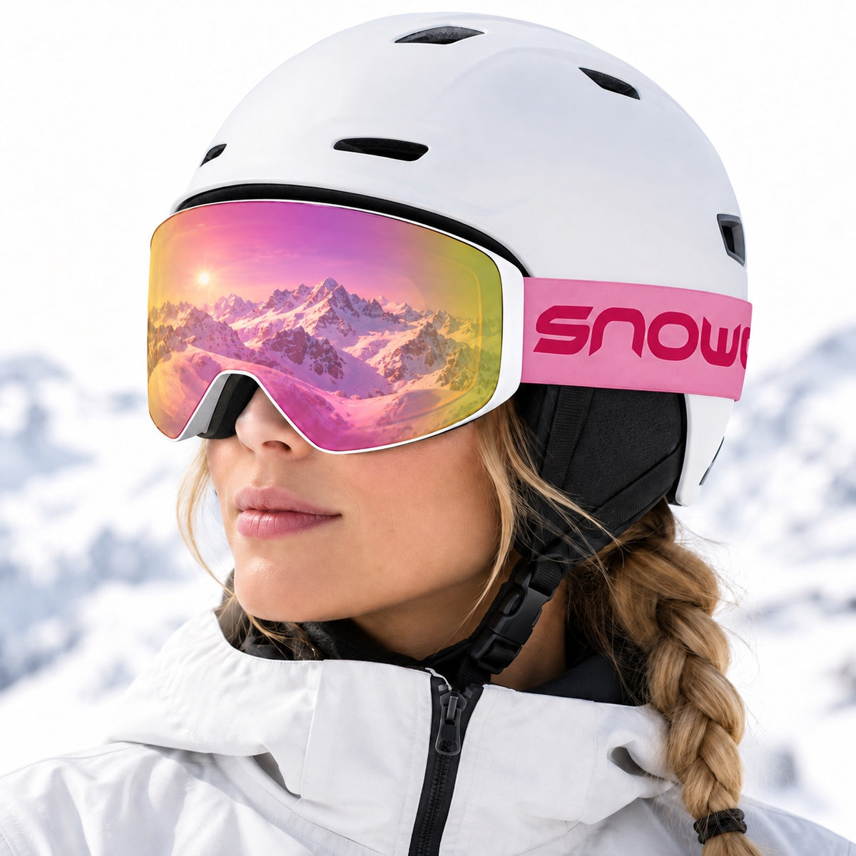HB-197C | Ski Goggles | Magnetic Cylindrical Lens, UV400 Protection | Skiing and Snowboarding-Pink Lens / White Frame / Pink Strap-Snowledge
