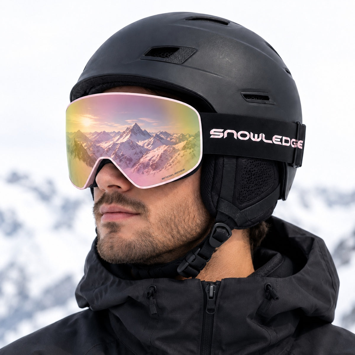 HB-197F | Ski Goggles | Fixed Cylindrical Lens, UV400 Protection | Skiing and Snowboarding-Gold Lens / Pink Frame / Black Strap-Snowledge