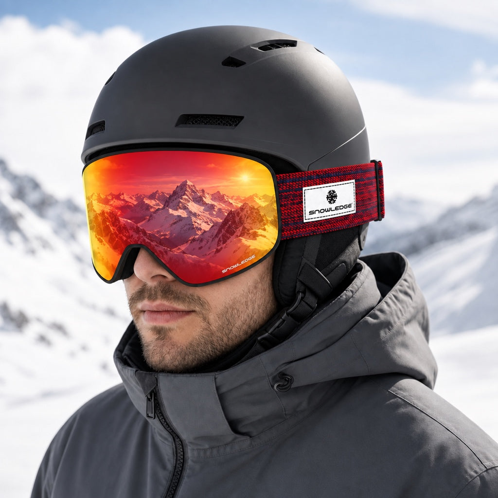 HB-197F | Ski Goggles | Fixed Cylindrical Lens, UV400 Protection | Skiing and Snowboarding-Red Lens / Black Frame / Red Strap-Snowledge