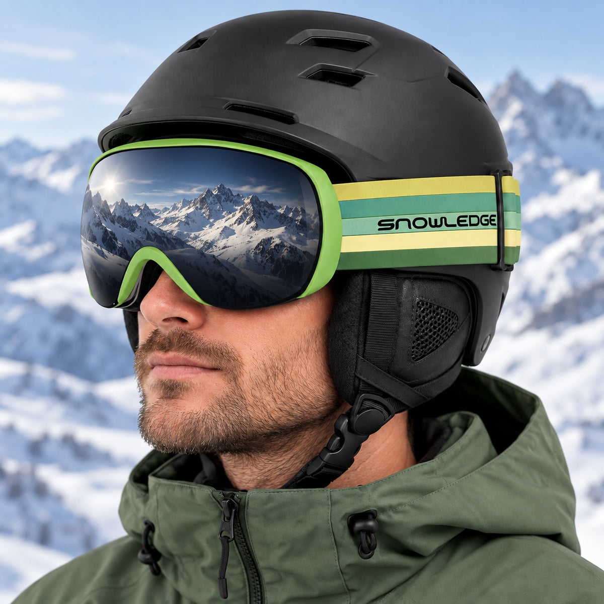 HB-198A | Ski Goggles | Spherical Lens, UV400 Protection | Skiing and Snowboarding-Black Lens / Lime Frame / Green Strap-Snowledge