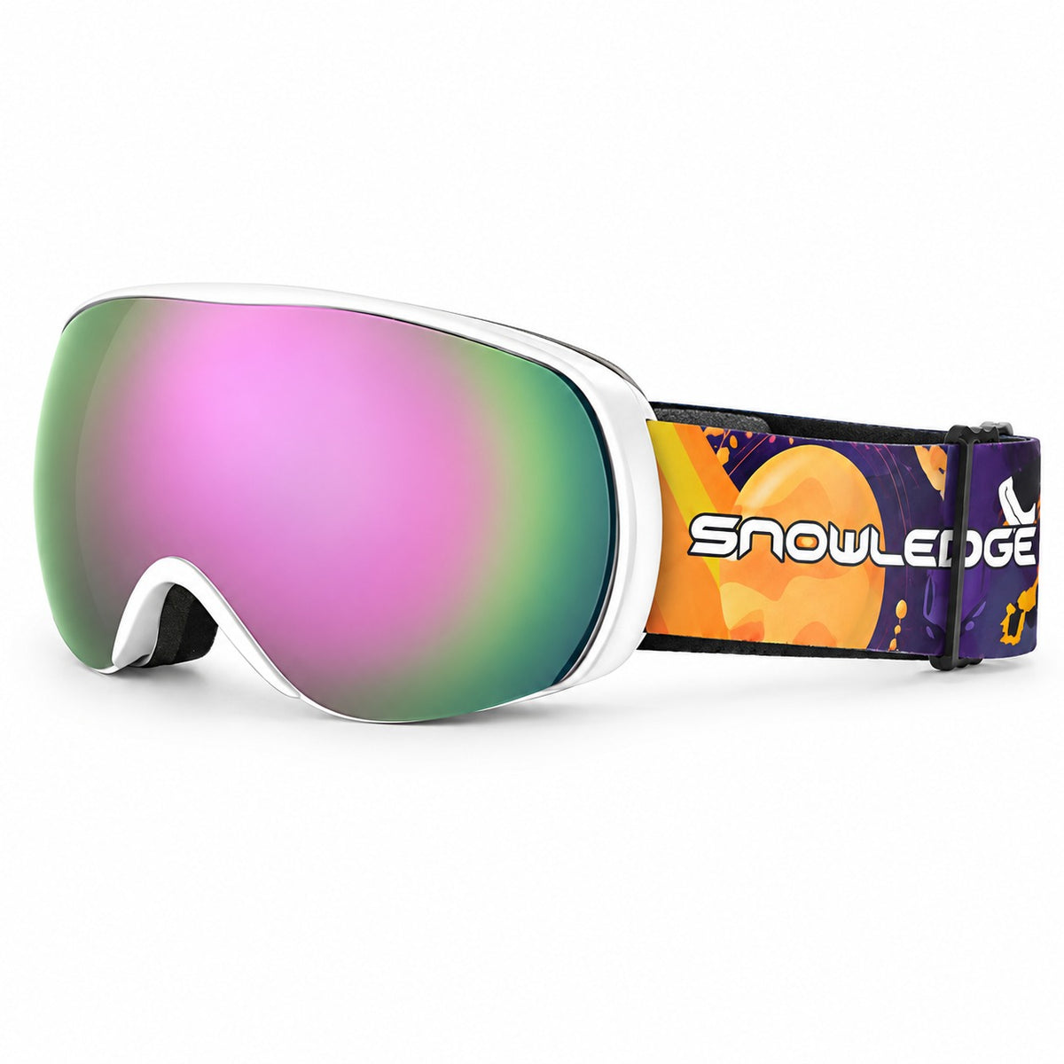 HB-198B | Youth Ski Goggles | Spherical Lens, UV400 Protection | Skiing and Snowboarding-Pink Lens / White Frame / Multicolor Strap-Snowledge