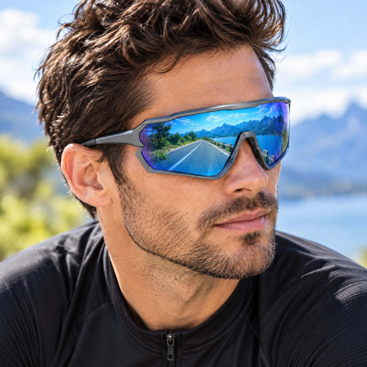 HB-510 | Sports Sunglasses | Cylindrical Lens, Adjustable Nose Guard | Sports Use-Black Lens / Black Frame-Snowledge