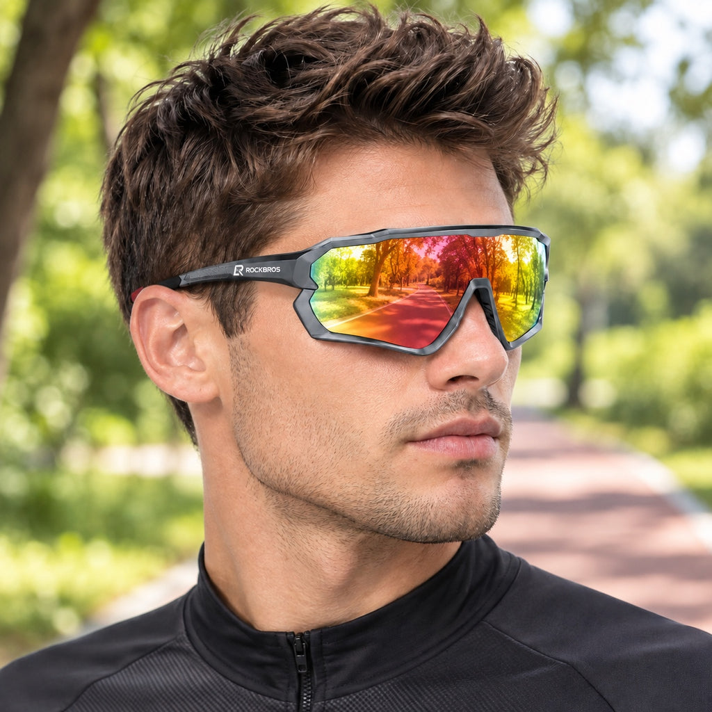 HB-510 | Sports Sunglasses | Cylindrical Lens, Adjustable Nose Guard | Sports Use-Rainbow Lens / Black Frame-Snowledge