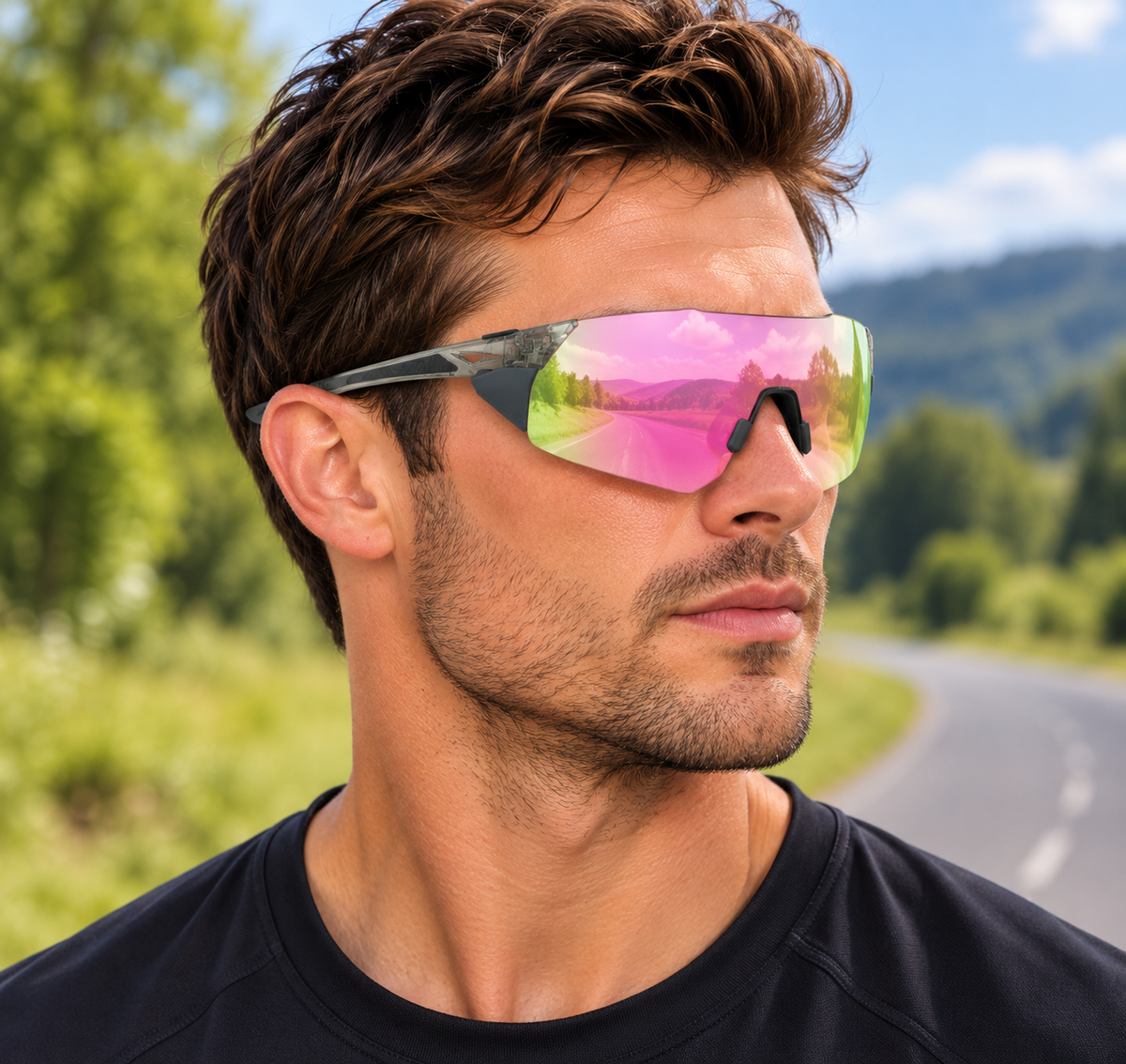 HB-546 | Sports Sunglasses | Cylindrical Lens, Adjustable Nose Guard | Sports Use-Pink Lens / Green Frame-Snowledge