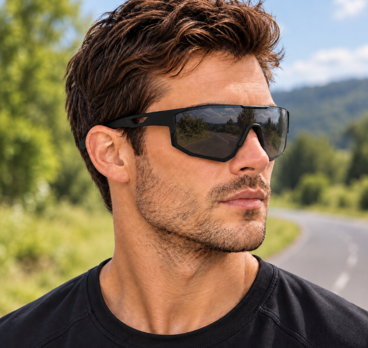SG9337 | Sports Sunglasses | Cylindrical Lens, Adjustable Nose Guard | Sports Use-Black Lens / Black Frame-Snowledge