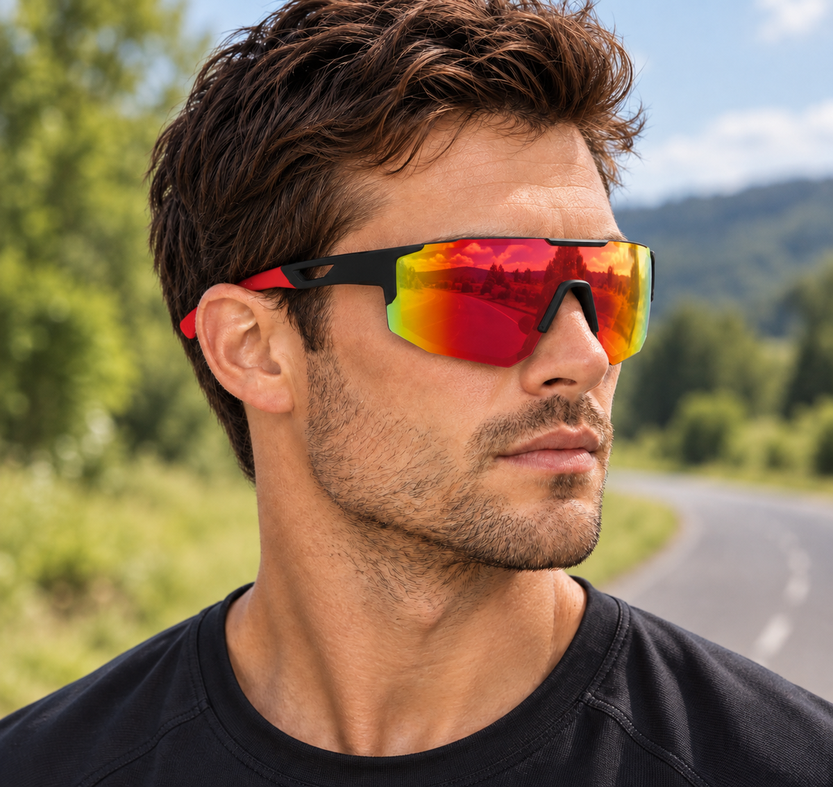 SG9337 | Sports Sunglasses | Cylindrical Lens, Adjustable Nose Guard | Sports Use-Red Lens / Red Frame-Snowledge