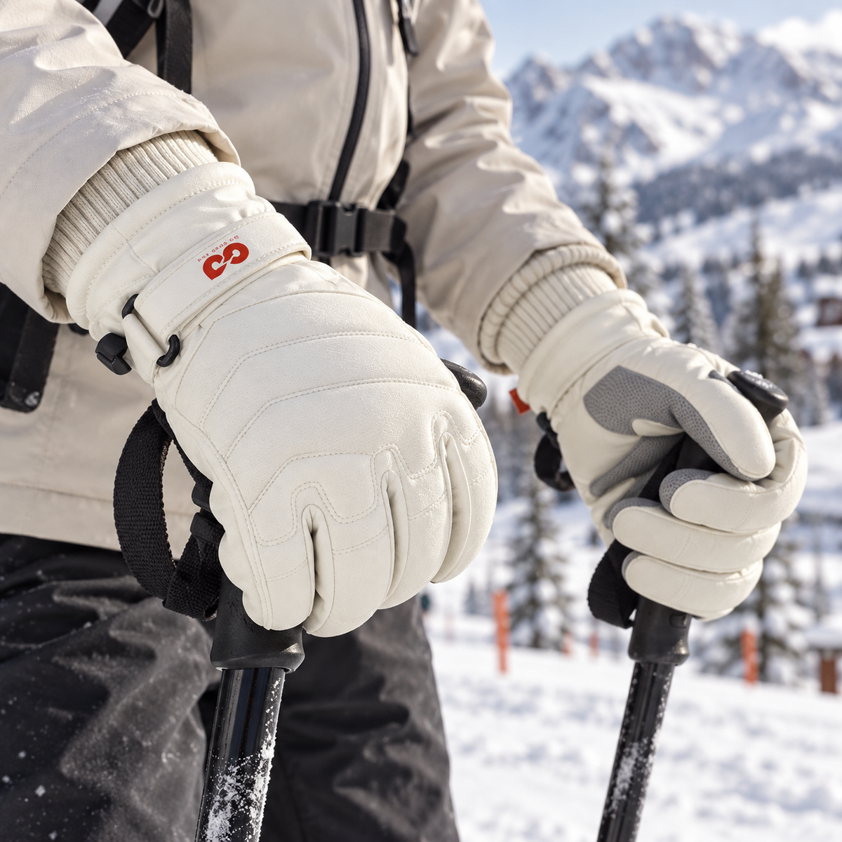 SK42 | Ski Gloves | Three-Finger Touchscreen and Adjustable Wrist-Ivory White-Snowledge