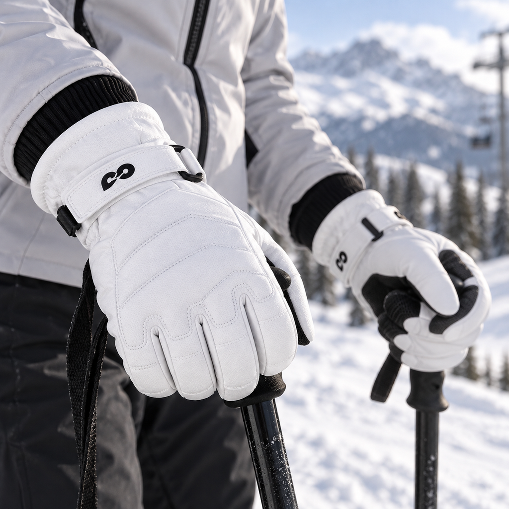 SK42 | Ski Gloves | Three-Finger Touchscreen and Adjustable Wrist-Polar White-Snowledge