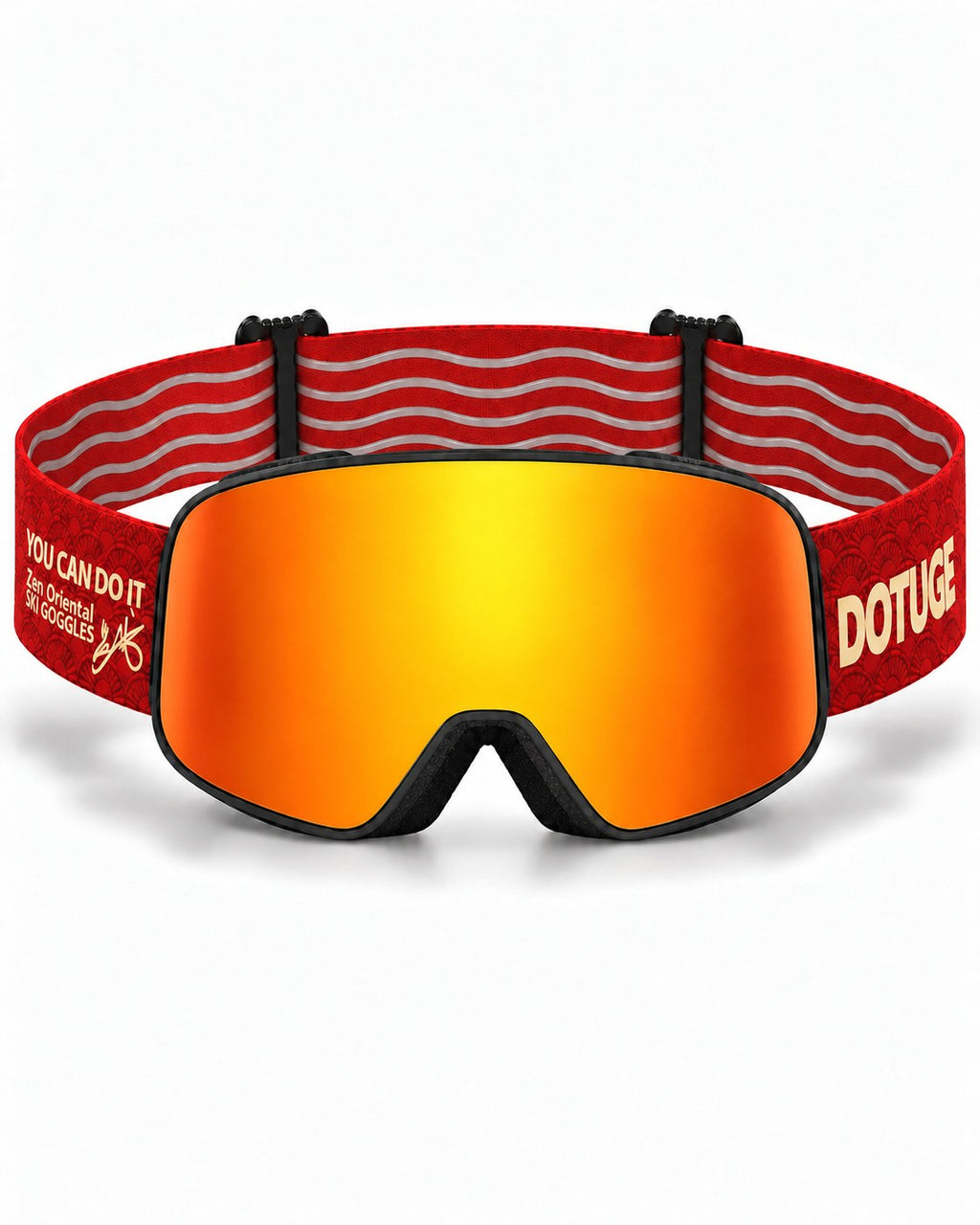 Halo 1 | Snow Goggles | Cylindrical Flip Cover Lens, UV400 Protection | Skiing and Snowboarding-Orange Lens / Black Frame / Red Strap – front view, studio – Snowledge