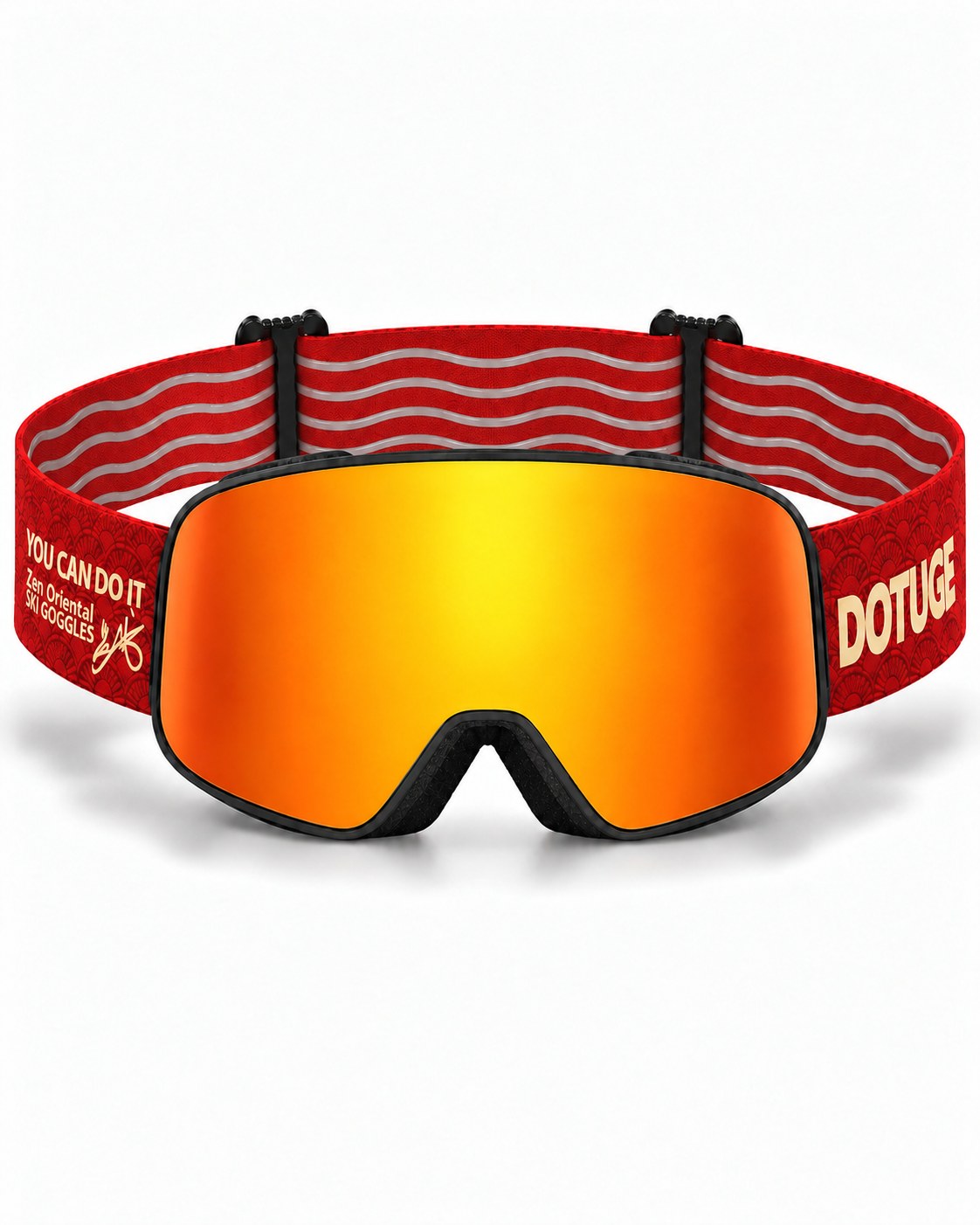 Halo 1 | Snow Goggles | Cylindrical Flip Cover Lens, UV400 Protection | Skiing and Snowboarding-Orange Lens / Black Frame / Red Strap – front view, studio – Snowledge