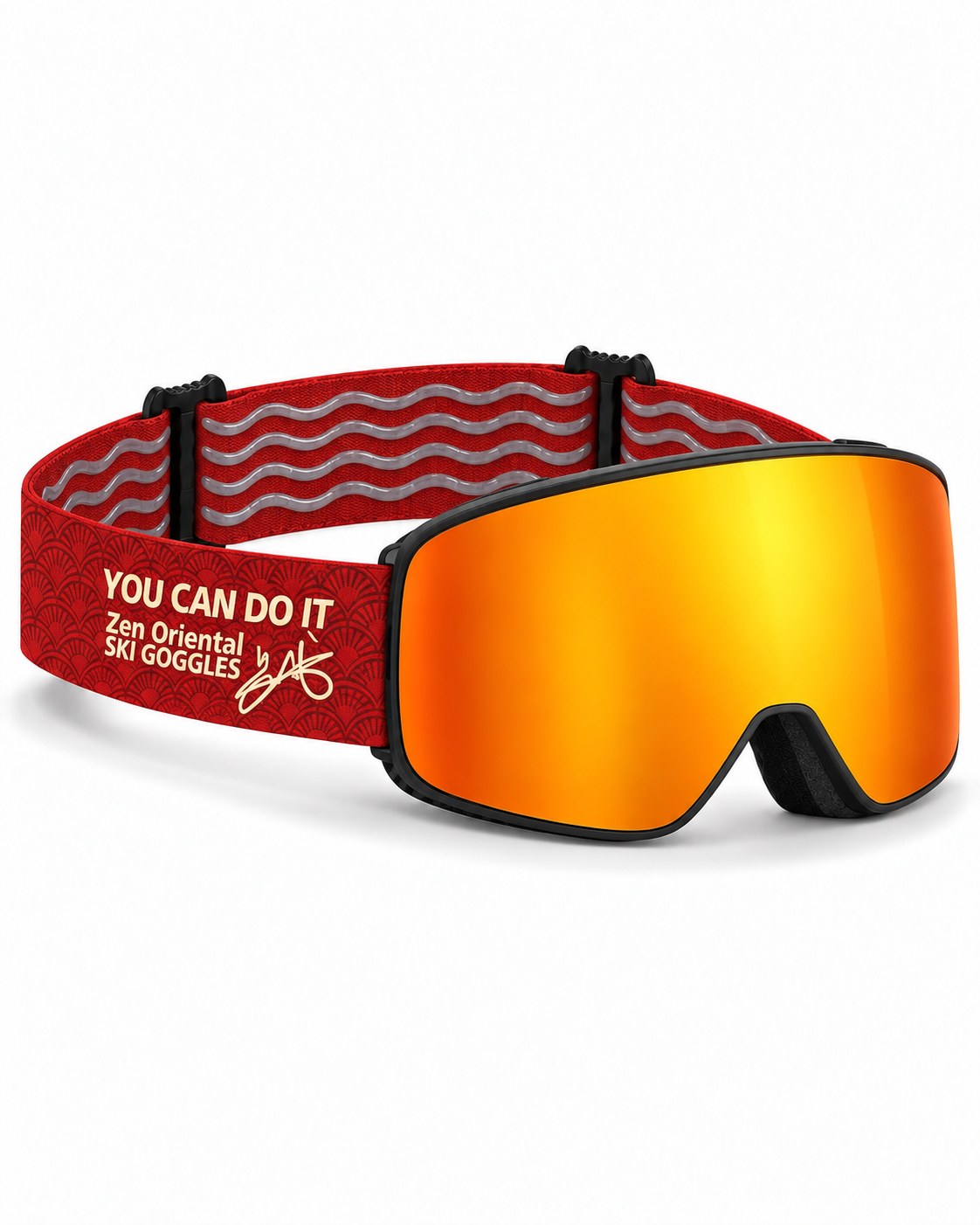 Halo 1 | Snow Goggles | Cylindrical Flip Cover Lens, UV400 Protection | Skiing and Snowboarding-Orange Lens / Black Frame / Red Strap – opposite side view, studio – Snowledge