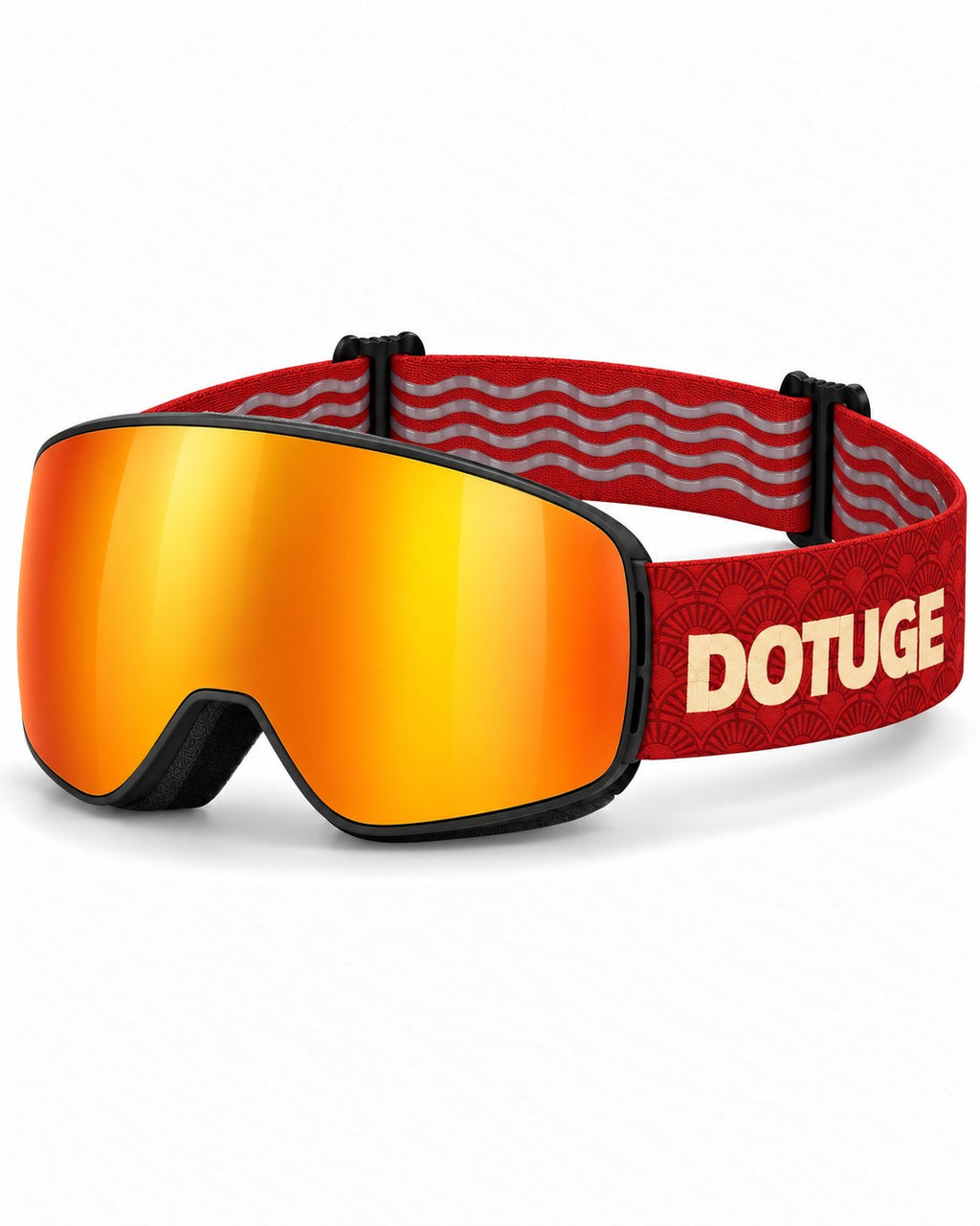 Halo 1 | Snow Goggles | Cylindrical Flip Cover Lens, UV400 Protection | Skiing and Snowboarding-Orange Lens / Black Frame / Red Strap – three-quarter view, studio – Snowledge