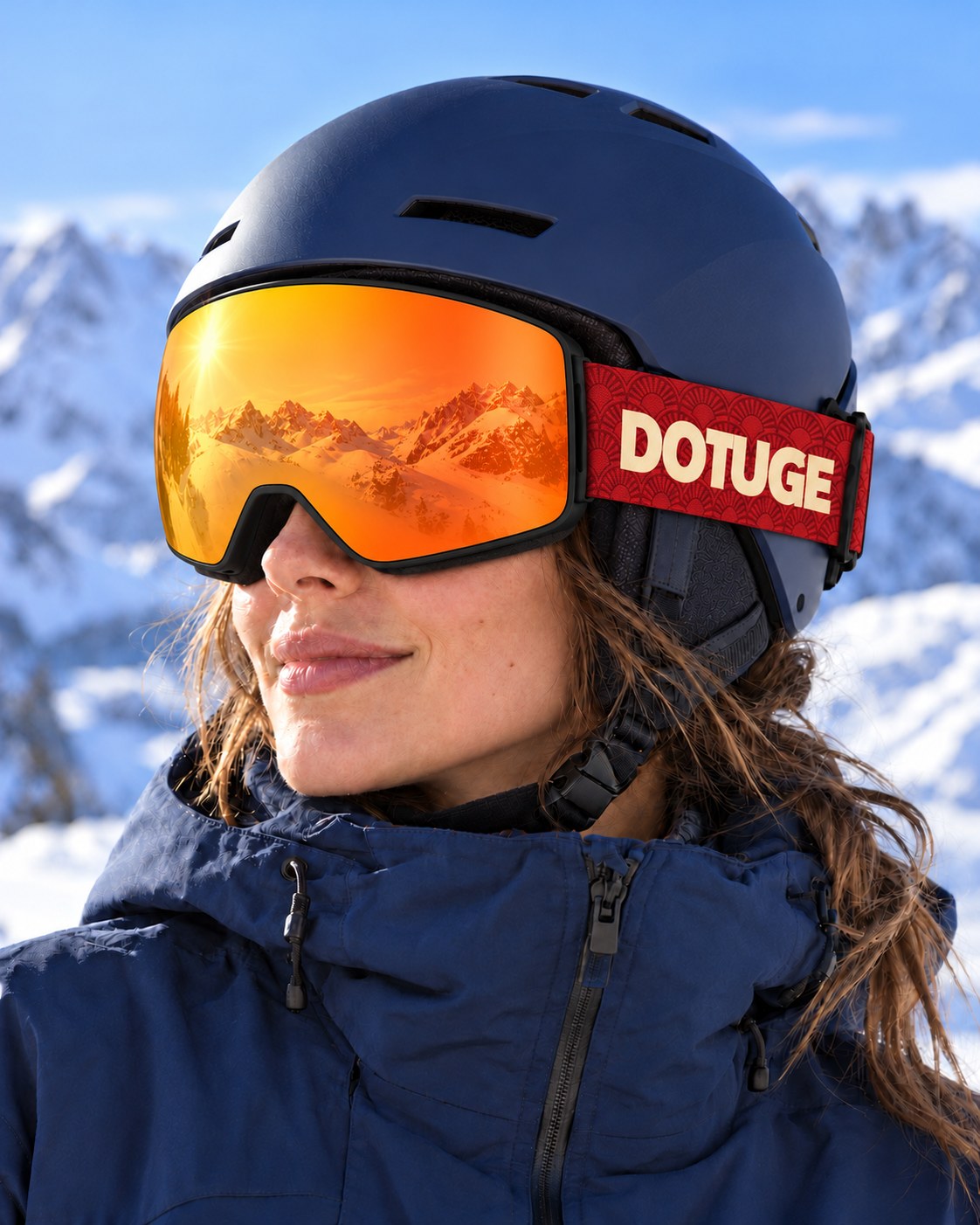 Halo 1 | Snow Goggles | Cylindrical Flip Cover Lens, UV400 Protection | Skiing and Snowboarding-Orange Lens / Black Frame / Red Strap – worn with a ski helmet, close-up – Snowledge