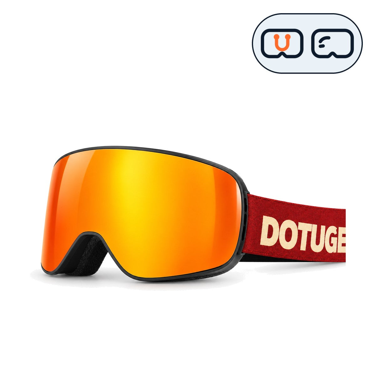 Halo 1 | Snow Goggles | Cylindrical Flip Cover Lens, UV400 Protection | Skiing and Snowboarding-Orange Lens / Black Frame / Red Strap-Snowledge
