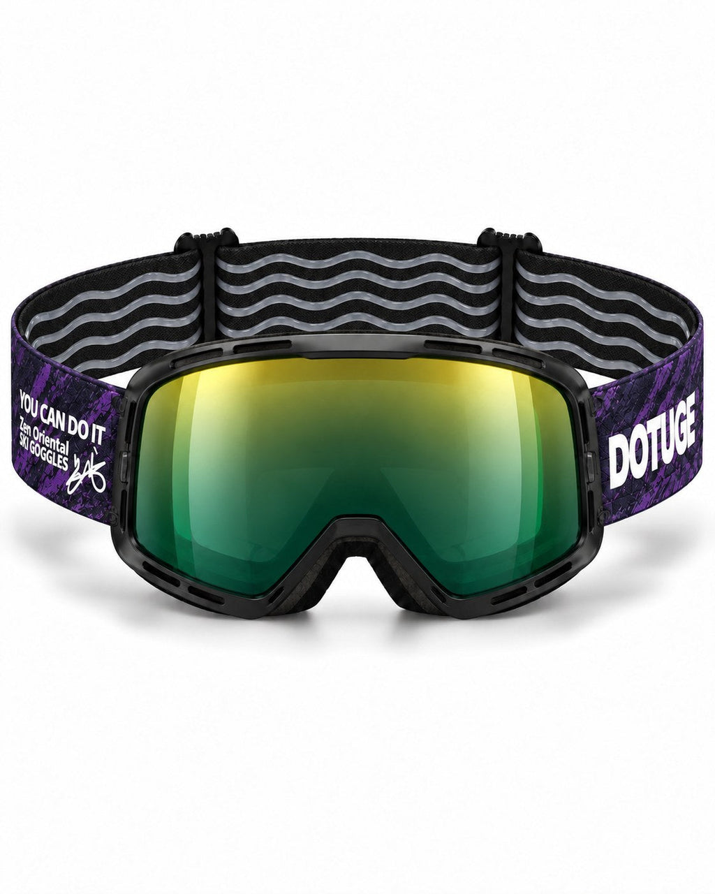 Halo 2 | Snow Goggles | Photochromic Cylindrical Lens, UV400 Protection | Skiing and Snowboarding-Green Lens / Black Frame / Black Strap – front view, studio – Snowledge