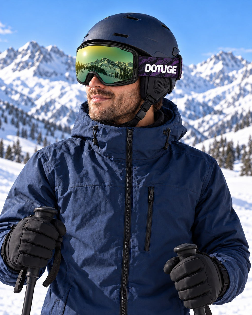 Halo 2 | Snow Goggles | Photochromic Cylindrical Lens, UV400 Protection | Skiing and Snowboarding-Green Lens / Black Frame / Black Strap – worn by a skier on the slopes – Snowledge