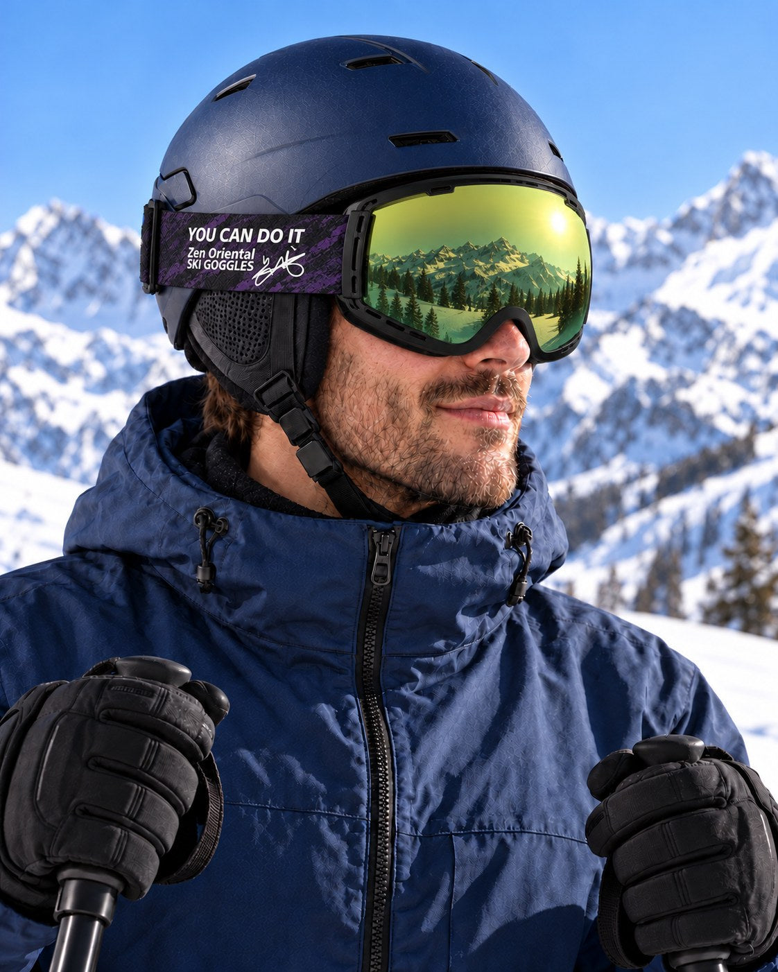 Halo 2 | Snow Goggles | Photochromic Cylindrical Lens, UV400 Protection | Skiing and Snowboarding-Green Lens / Black Frame / Black Strap – side view worn by a skier – Snowledge