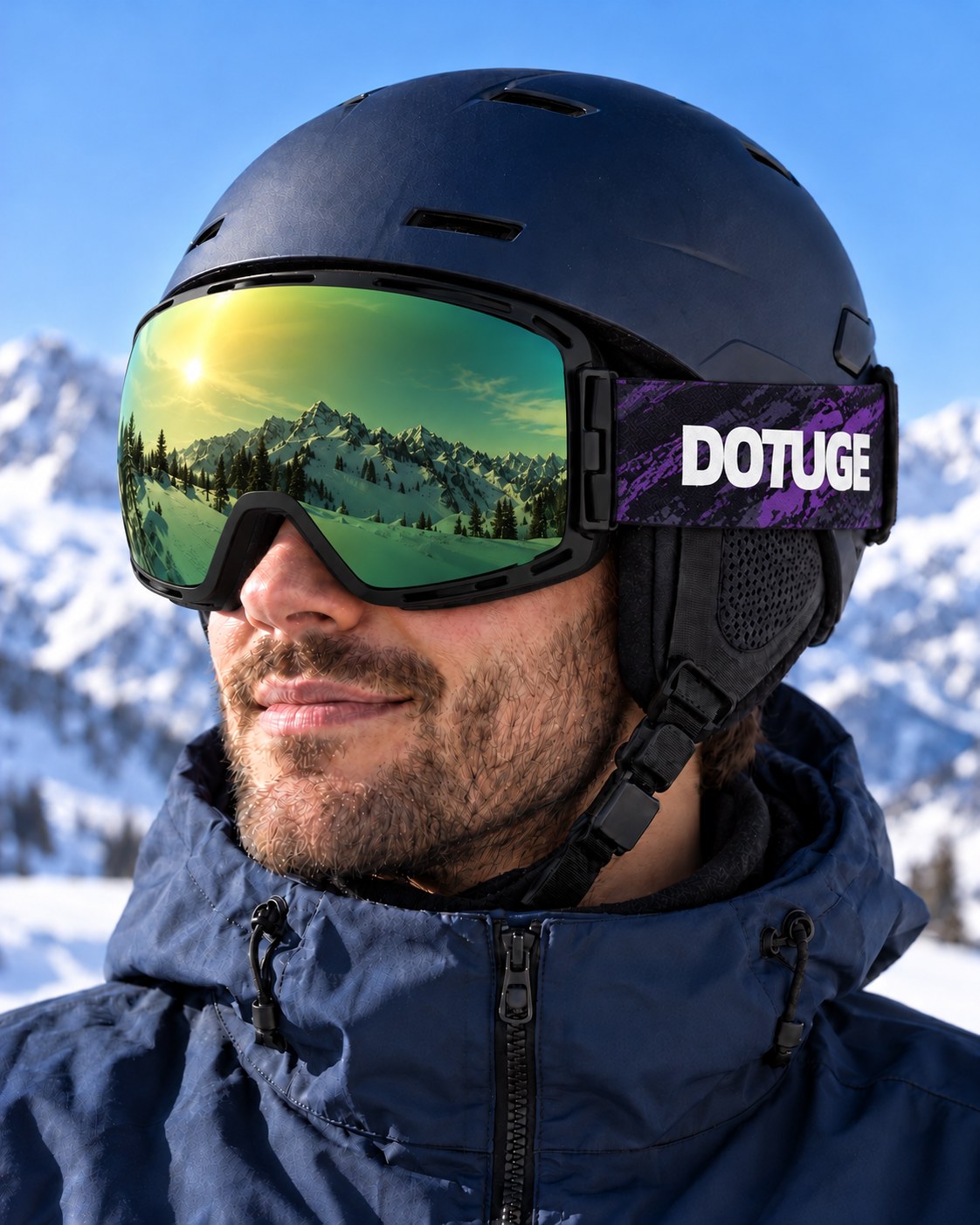 Halo 2 | Snow Goggles | Photochromic Cylindrical Lens, UV400 Protection | Skiing and Snowboarding-Green Lens / Black Frame / Black Strap – worn with a ski helmet, close-up – Snowledge