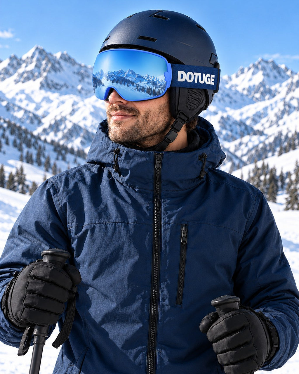 Mesa 2 | Snow Goggles | Photochromic Spherical Lens, UV400 Protection | Skiing and Snowboarding-Blue Lens / Blue Frame / Blue Strap – worn by a skier on the slopes – Snowledge