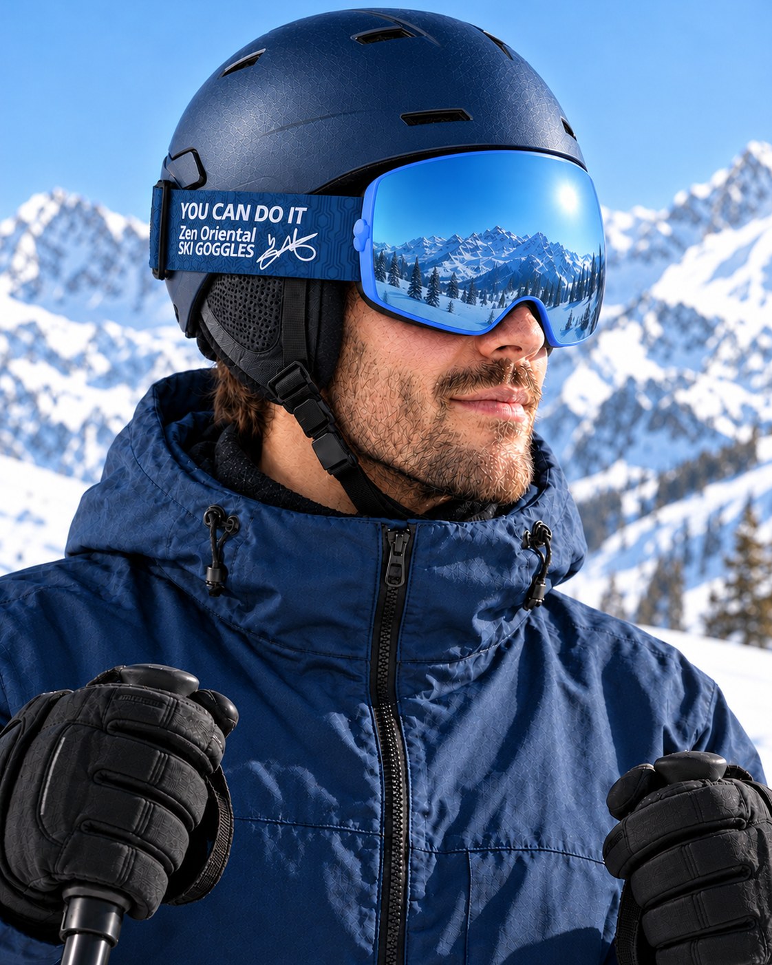 Mesa 2 | Snow Goggles | Photochromic Spherical Lens, UV400 Protection | Skiing and Snowboarding-Blue Lens / Blue Frame / Blue Strap – side view worn by a skier – Snowledge