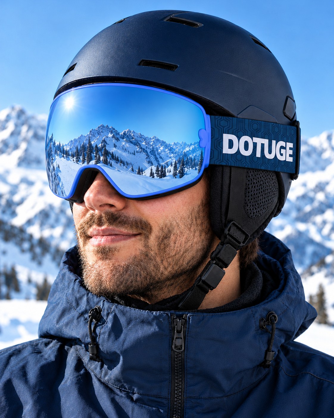 Mesa 2 | Snow Goggles | Photochromic Spherical Lens, UV400 Protection | Skiing and Snowboarding-Blue Lens / Blue Frame / Blue Strap – worn with a ski helmet, close-up – Snowledge