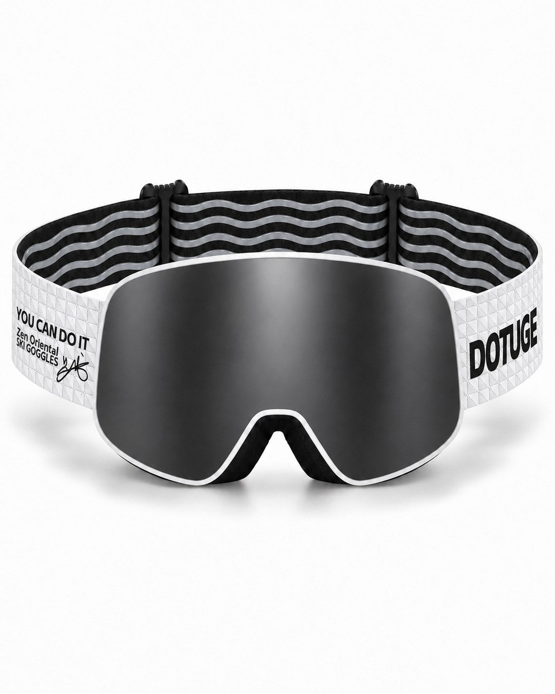 Mesa | Snow Goggles | Spherical Lens, UV400 Protection | Skiing and Snowboarding-Black Lens / White Frame / White Strap – front view, studio – Snowledge