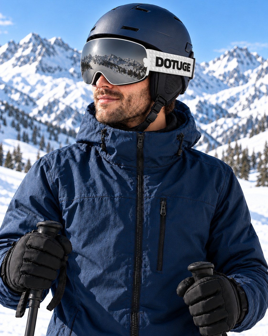Mesa | Snow Goggles | Spherical Lens, UV400 Protection | Skiing and Snowboarding-Black Lens / White Frame / White Strap – worn by a skier on the slopes – Snowledge