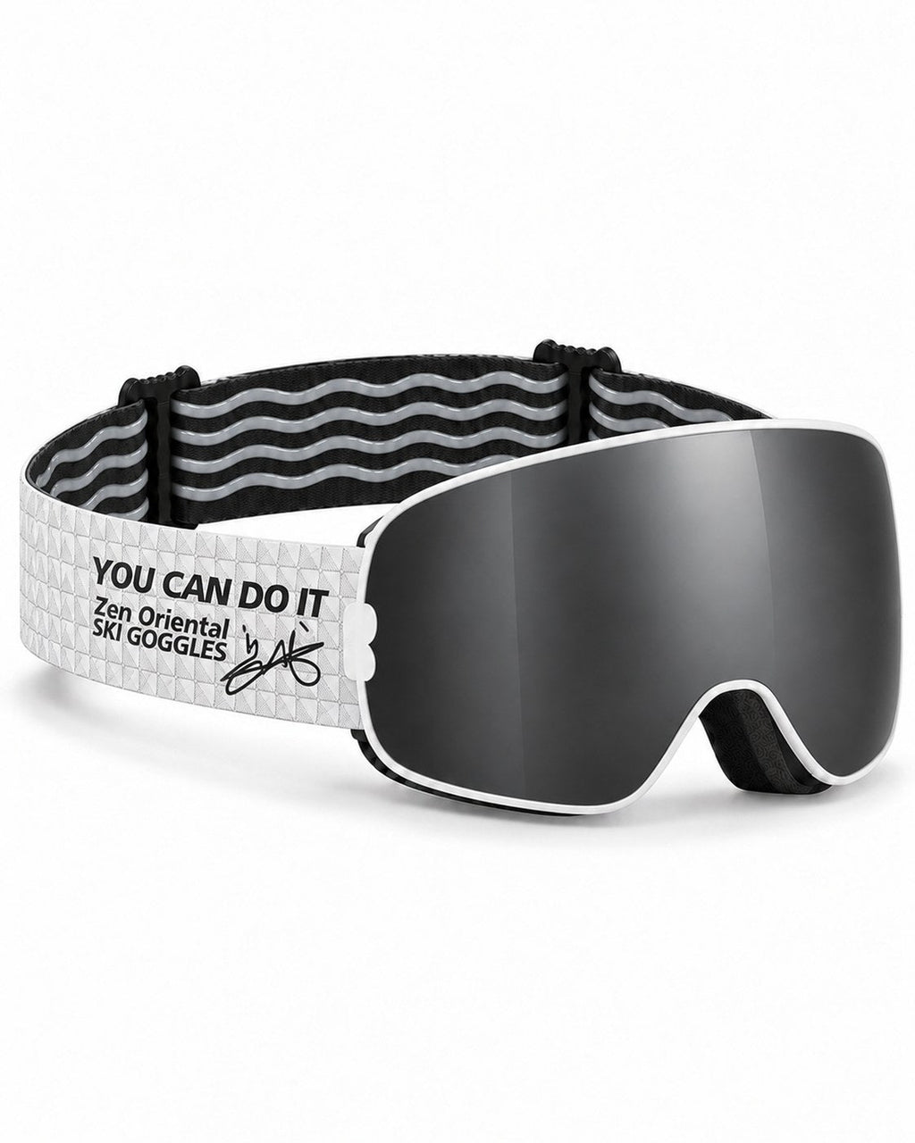 Mesa | Snow Goggles | Spherical Lens, UV400 Protection | Skiing and Snowboarding-Black Lens / White Frame / White Strap – opposite side view, studio – Snowledge