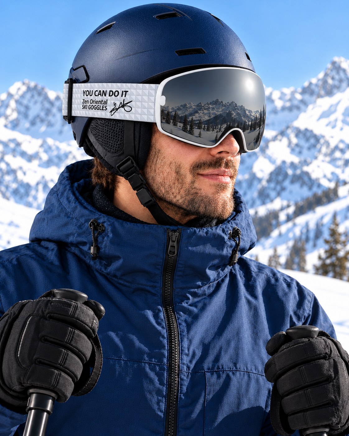 Mesa | Snow Goggles | Spherical Lens, UV400 Protection | Skiing and Snowboarding-Black Lens / White Frame / White Strap – side view worn by a skier – Snowledge