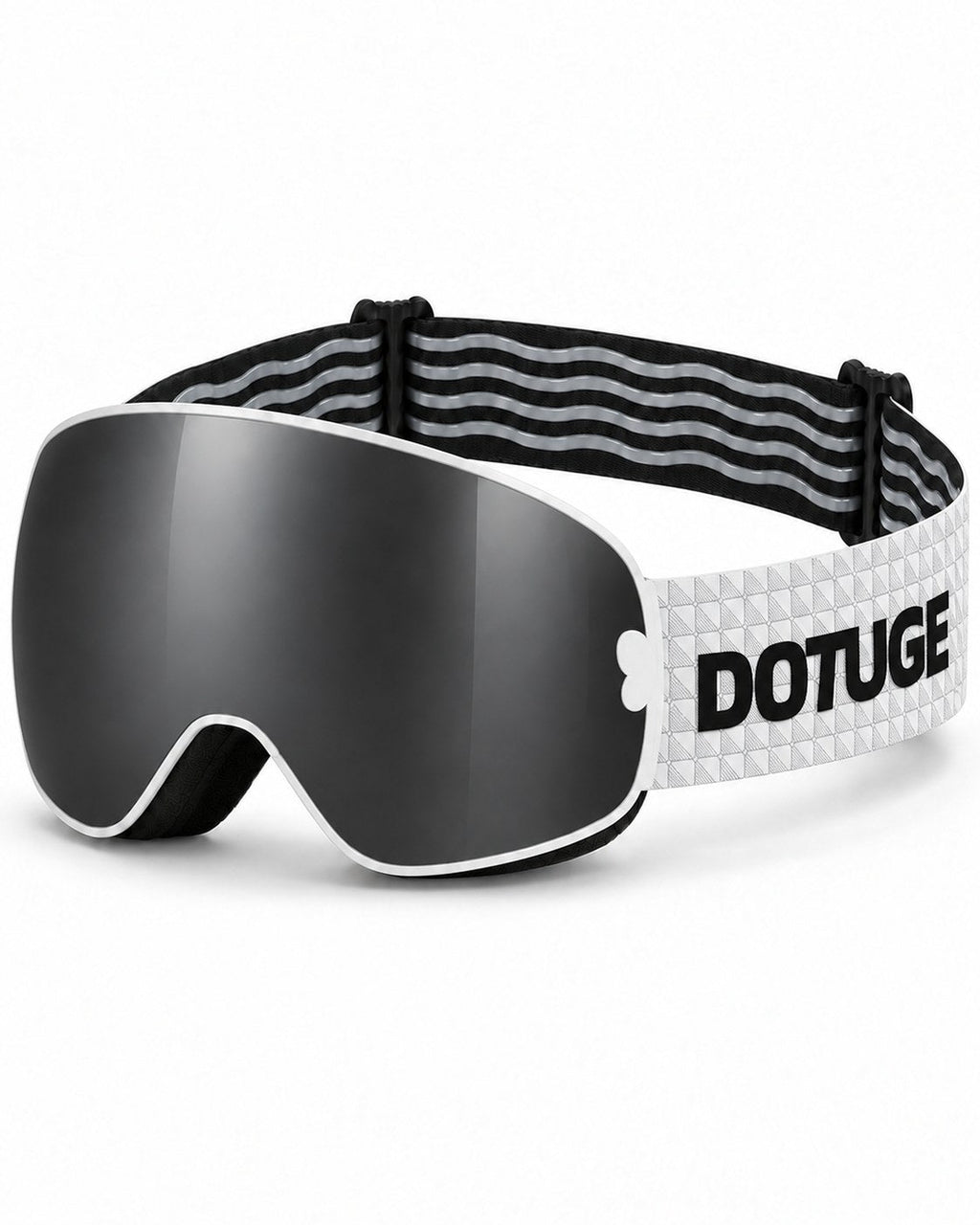 Mesa | Snow Goggles | Spherical Lens, UV400 Protection | Skiing and Snowboarding-Black Lens / White Frame / White Strap – three-quarter view, studio – Snowledge