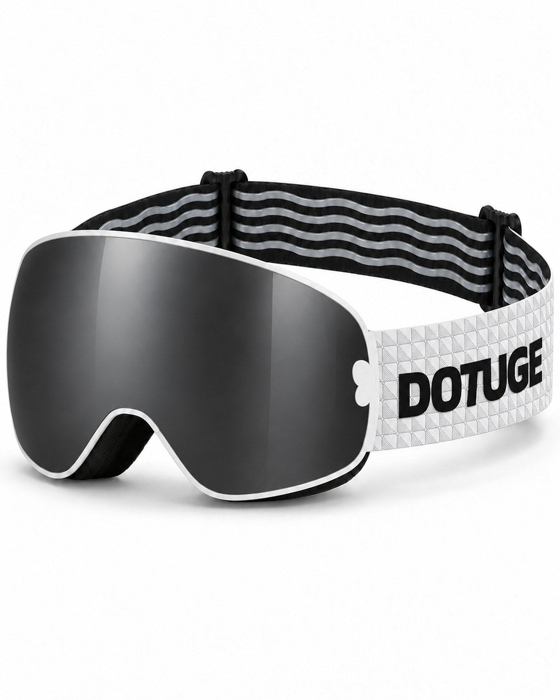 Mesa | Snow Goggles | Spherical Lens, UV400 Protection | Skiing and Snowboarding-Black Lens / White Frame / White Strap – three-quarter view, studio – Snowledge