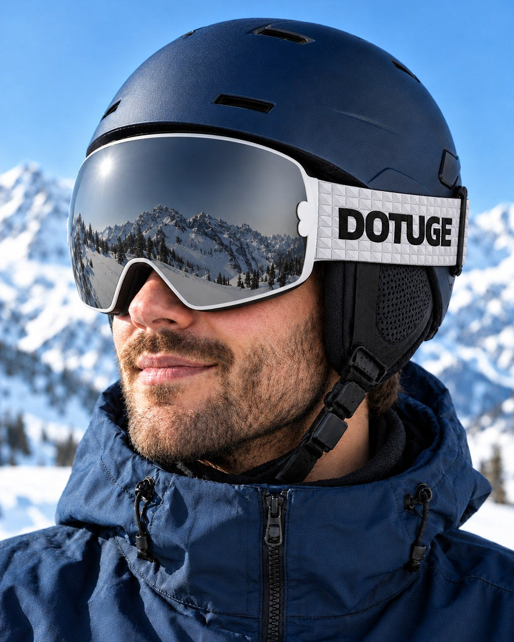 Mesa | Snow Goggles | Spherical Lens, UV400 Protection | Skiing and Snowboarding-Black Lens / White Frame / White Strap – worn with a ski helmet, close-up – Snowledge