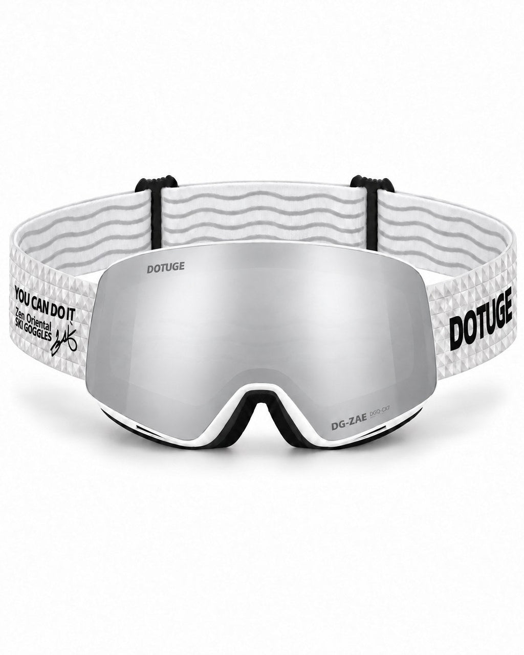 Orbit 1 | Snow Goggles | Spherical Lens, UV400 Protection | Skiing and Snowboarding-Silver Lens / White Frame / White Strap – front view, studio – Snowledge