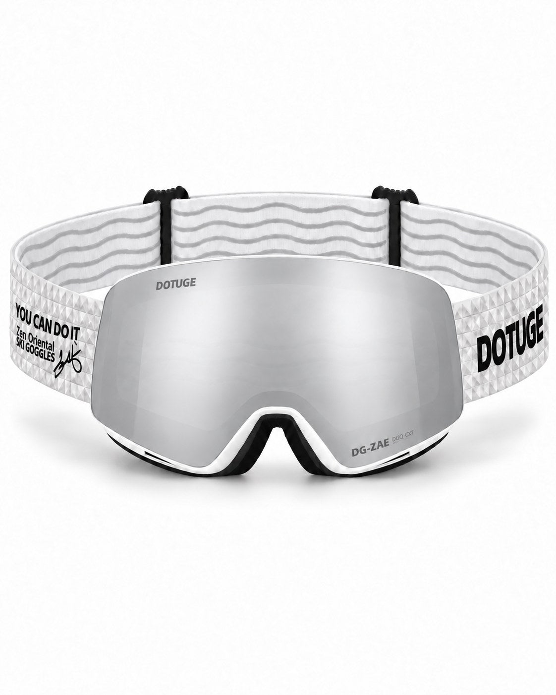 Orbit 1 | Snow Goggles | Spherical Lens, UV400 Protection | Skiing and Snowboarding-Silver Lens / White Frame / White Strap – front view, studio – Snowledge