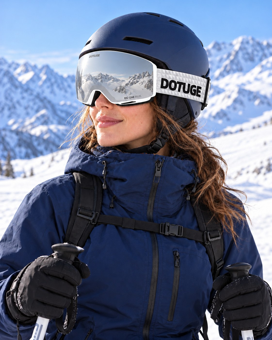 Orbit 1 | Snow Goggles | Spherical Lens, UV400 Protection | Skiing and Snowboarding-Silver Lens / White Frame / White Strap – worn by a skier on the slopes – Snowledge