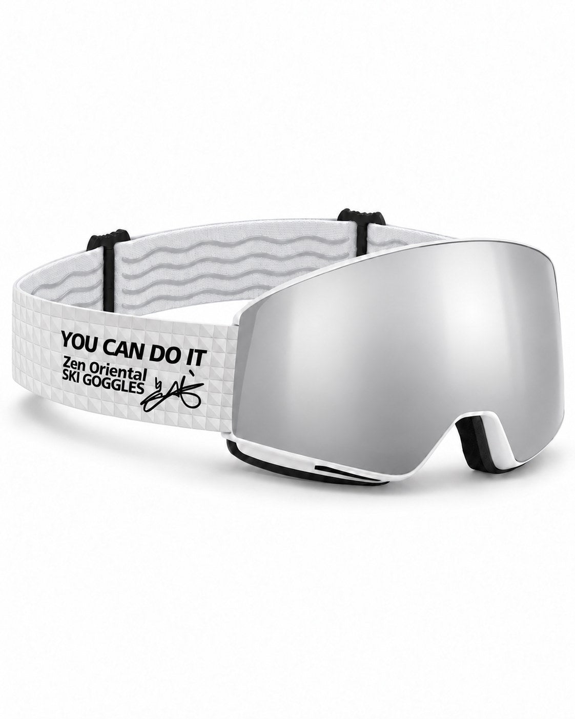Orbit 1 | Snow Goggles | Spherical Lens, UV400 Protection | Skiing and Snowboarding-Silver Lens / White Frame / White Strap – opposite side view, studio – Snowledge