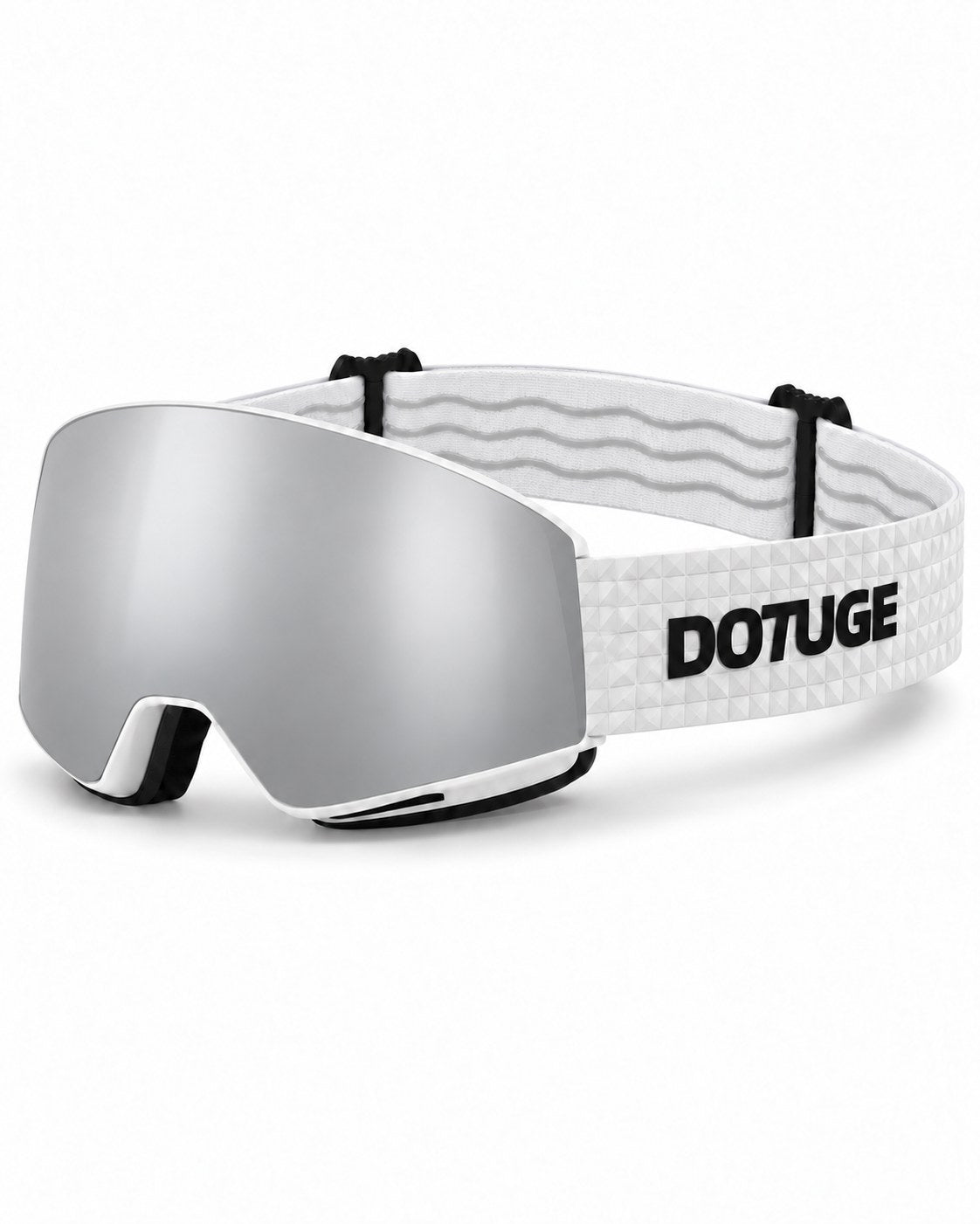 Orbit 1 | Snow Goggles | Spherical Lens, UV400 Protection | Skiing and Snowboarding-Silver Lens / White Frame / White Strap – three-quarter view, studio – Snowledge